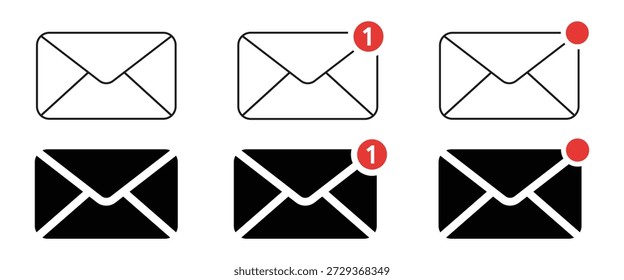 Email notification icons. Unread mail alert symbol. Envelope icon set with normal, unread, and alert do in line and solid styles. Communication icons for UI, app, web, and communication interfaces