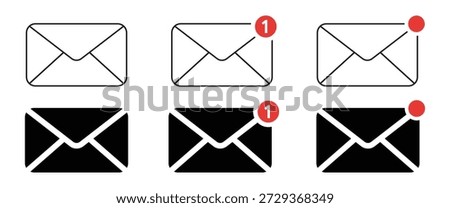Email notification icons. Unread mail alert symbol. Envelope icon set with normal, unread, and alert do in line and solid styles. Communication icons for UI, app, web, and communication interfaces