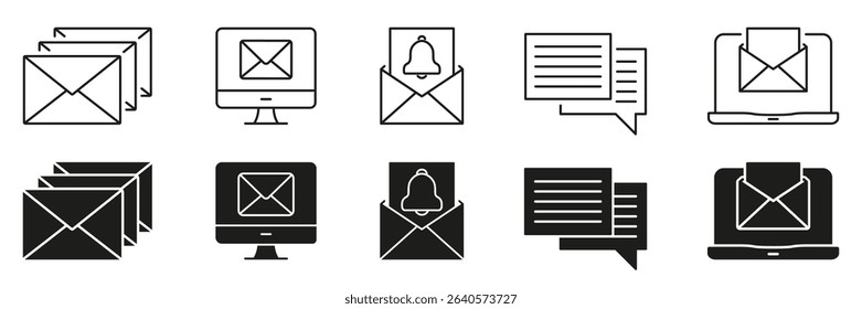 Email and Notification Interface Line and Solid Icon Set. Inbox Messaging, Digital Communication Symbol Collection. Web Interface and User Notification Toolkit. Isolated Vector Illustration.