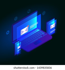 E-mail notification isometric design concept. Communication, information dissemination, attachment icons - music, talk, video, sending email. Vector illustration mobile smartphone, laptop and tablet