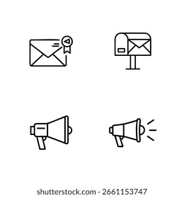 Email notification and mailbox icons with two megaphone illustrations representing communication and announcements