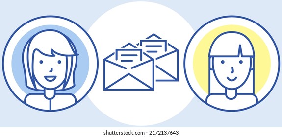 Email notification near user profiles, accounts. App for chatting and mailing icon. Program, social network for online communication via Internet. People use virtual mailbox with digital letter sign