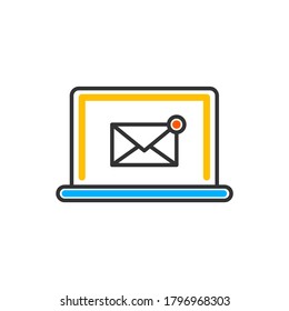 Email notification. New message on a laptop screen. Unread message. Letter. Vector color icon.