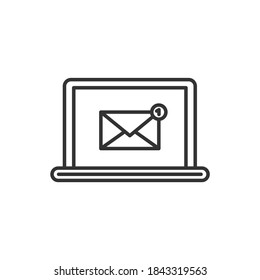 Email notification. New message on a laptop screen. Unread message. Letter. Vector black icon.