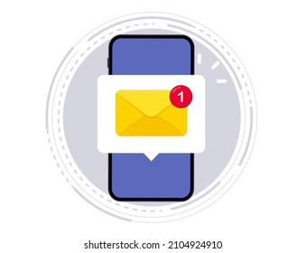 Email notification. New email notification on the smartphone screen. New message on the phone. Mail application, envelope with new message. Unread email notification. Vector illustration