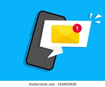 Email notification. New email notification on the smartphone screen. New message on the phone. Mail application, envelope with new message. Unread email notification. Vector illustration