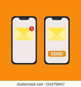 Email notification new email on smartphone screen and send email vector illustration in flat format.