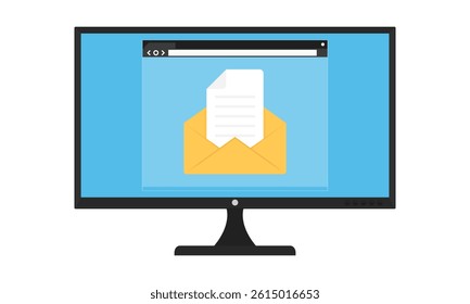 Email notification on computer screen. Flat style vector illustration depicting a computer monitor displaying an email notification icon within a web browser window