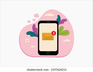 email notification on handphone display screen concept, flat design vector illustration