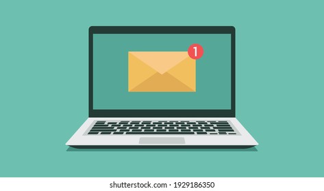 email notification on laptop computer screen concept, flat vector illustration