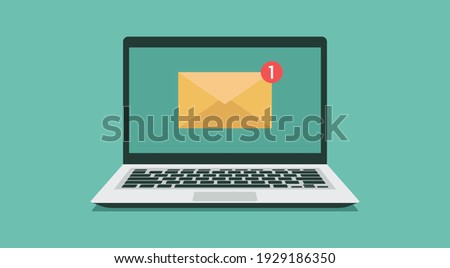 email notification on laptop computer screen concept, flat vector illustration