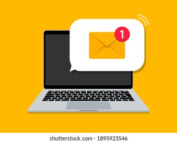 Email notification on laptop. New message. Mail notice on laptop screen. Flat style. Vector illustration.