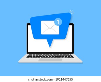 Email notification on laptop. New message. Mail notice on laptop screen. Flat style. Vector illustration
