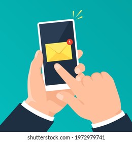 Email notification on phone. Hand holding smartphone with mail notification. New message alert on mobile screen, mail application vector concept. Unread letter or notice on cellphone