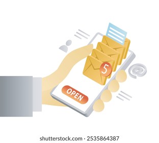 Notificación por correo electrónico en el teléfono de estilo isométrico