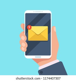 Email notification on smartphone in hand. New mail message in inbox icon, mailing letters or reading sms app application on mobile phone screen, communication flat vector illustration