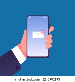 Email notification on smartphone. Hand with cell phone new mail message on screen, inbox sms. Online communication vector concept
