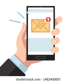 Email notification on smartphone in hand. Inbox unread mail, new emails message. Sending letters receive mobile mailings vector phone reading texting sms or reminder concept