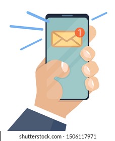 Email notification on smartphone and in hand. Flat illustration in cartoon style.  Inbox unread mail, new emails message. Notification, mailing, notification, message. Message concept. Vector image