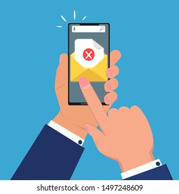 Email notification on smartphone, which hand holds. Sms icon or mail message reminder mailing on mobile phone or electronic newsletter. Concept vector of alert or deleted e-contact.