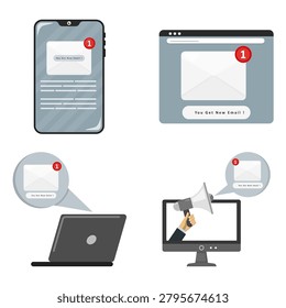Email notification set collection. Phone, laptop and monitor with envelope and megaphone icons for new message, inbox update and digital communication concept.