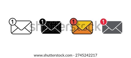Email notification and unread message icon set. Envelope with number one alert symbol for inbox updates, digital communication, and newsletter marketing design. Vector Illustration.