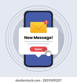 Email notification vector illustration featuring smartphone message alert popup interface ideal for mobile applications digital communication internet marketing business presentations and user experience design resources
