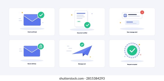 Email notification and verification UI cards set. Flat icon design templates for confirmed message, document verification status, secure delivery badge. Vector UI email notification cards, graphic set