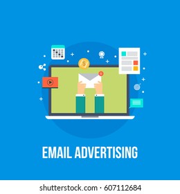 Email notifications, delivery on laptop screen, advertising concept with icons on blue background