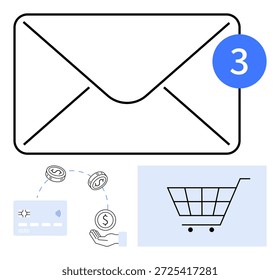 Notificaciones por correo electrónico, comercio electrónico, transacciones en línea, alertas de mensajes, pago digital, Carrito de compras. Icono del sobre con la insignia de la notificación, símbolos del Carrito de compras del pago con tarjeta. Alertas de mensajes