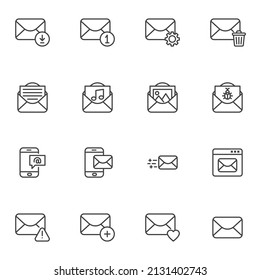 Conjunto de iconos de línea Notificaciones por correo electrónico, colección de símbolos de vector de esquema, paquete de pictogramas de estilo lineal. Señales, ilustración del logotipo. Establecer incluye iconos como mensaje de eliminación, correo basura, mensaje móvil, sobre