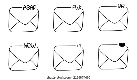 Email notifications: new, like, asap or as soon as possible, fw or forwarded, re or respond. Vector set of envelopes drawn in doodle style. Virtual communication signs.