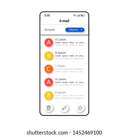 Email Notifications Smartphone Interface Vector Template. Mobile App Page Color Design Layout. Receiving Electronic Mail Screen. Flat UI For Application. E-mail Correspondence Management Phone Display