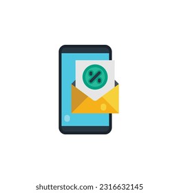 Email offer discount on mobile phone flat icons. Vector illustration. Isolated icon suitable for web, infographics, interface and apps.