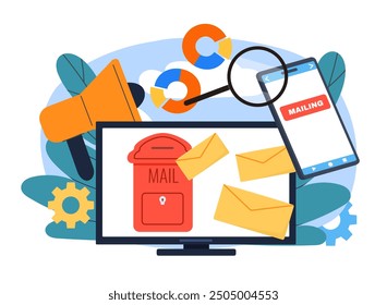 Email on computer. Electronic mail with messages at laptop. Business correspondence on internet. Mailing service online. Flat vector illustration isolated on white background