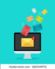 Email on computer screen for marketing. Newsletter in mail inbox. Icon of send or receive message. Notification letter in mailbox for promotion business. Concept of communication, advertising. Vector.