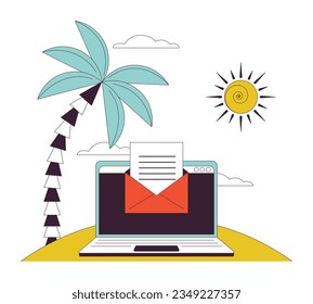 Correo electrónico en el objeto vectorial aislado de color de línea plana portátil. Comunicación en línea de vacaciones. Imagen editable de imágenes prediseñadas sobre fondo blanco. Dibujo gráfico de esquema simple para diseño web