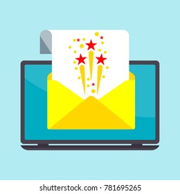 Email on laptop screen. Flat vector cartoon illustration. Objects isolated on white background.
