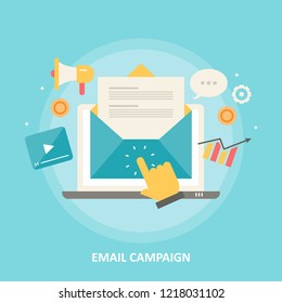 Email on laptop screen, hand opening email, Newsletter marketing flat design vector illustration with icons