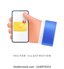 Email on the phone in the user's hand, 3d style for graphic design. Hand with phone in vector cartoon comic style.