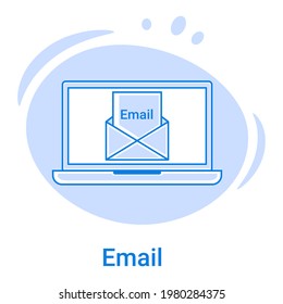 Email and online communication.Messengers and the use of Internet technologies.Laptop and email symbol.Vector illustration of a thin line icon on a blue background.
