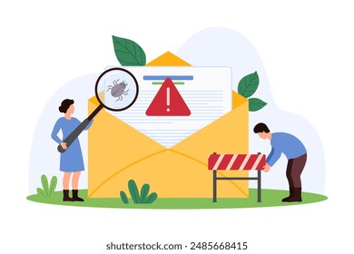 Email and online document protection from scam and fraud. Tiny people analyze mail letter with magnifying glass, find and remove bug with warning anti virus system message cartoon vector illustration