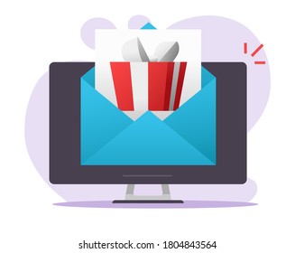 Email online gift letter message received on computer pc vector, electronic digital mail with present surprise box win in envelope flat cartoon illustration, fun party invitation icon modern design