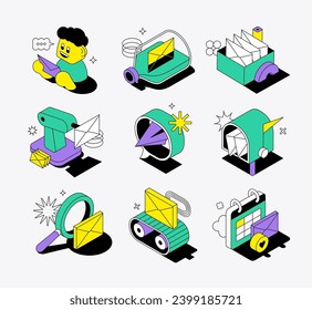 Email and online messaging illustrations depict concepts such as email automation, inbox, sending and receiving messages, reading correspondence, subscription mailing service. Isometric neo brutalism