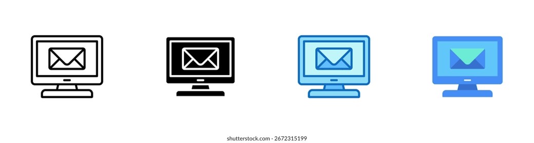 Email Online Vector de diseño de hojas de íconos de estilo múltiple - Monitor de escritorio con sobre de correo electrónico en pantalla, que representa el acceso al correo electrónico en línea o consultas digitales