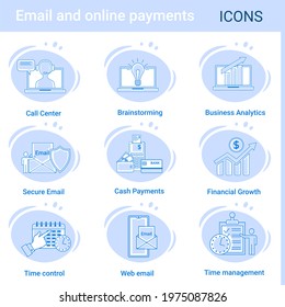 Email and online payments.A set of web icons in the style of thin contours.A collection of various icons for web design. Vector illustration.