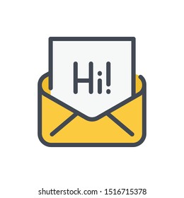 Email with open envelope and Hi text color line icon. Read mail vector outline colorful sign.