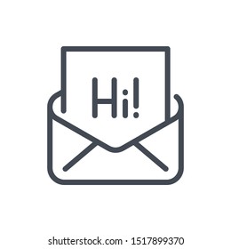 Email with open envelope and Hi text line icon. Read mail vector outline sign.