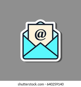 Email open envelope paper sticker with shadow. Vector isolated label illustration.