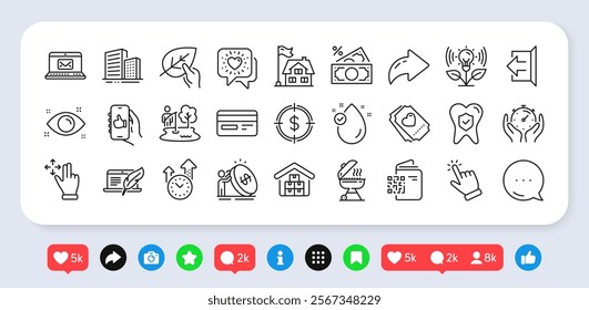 E-mail, Organic tested and Sign out line icons pack. Social media: share, comment, like icons. Building, Love ticket, Dental insurance web icon. Money tax, Like app, Buildings pictogram. Vector